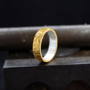 Hammered Wedding Ring 5 mm 24K Gold Plated 925 Sterling Silver Unisex Wedding Band Free Engraving by Pellada
