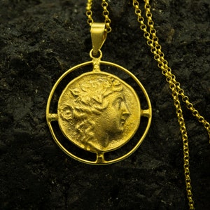Apollo Ancient Greek Coin Pendant | 925 Sterling Silver 24K Gold Plated | Apollo Medallion Coin Necklace | Greek Mythology | Gift by Pellada