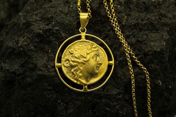 Apollo Ancient Greek Coin Pendant | 925 Sterling Silver 24K Gold Plated | Apollo Medallion Coin Necklace | Greek Mythology | Gift by Pellada