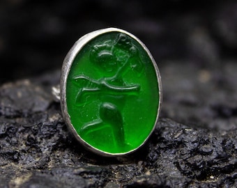 Guardian Angel Signet Intaglio Glass Ring | 925 Sterling Silver | Ancient Greek Ring | Lucky Angel Silver Ring | Vintage Gift by Pellada