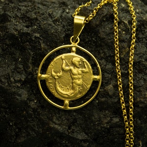 Ancient Art Triton Coin Pendant | 925 Sterling Silver 24K Gold Plated | King Merman Necklace | Greek Mythology Coin Signet | by Pellada