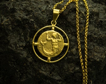Ancient Art Triton Coin Pendant | 925 Sterling Silver 24K Gold Plated | King Merman Necklace | Greek Mythology Coin Signet | by Pellada