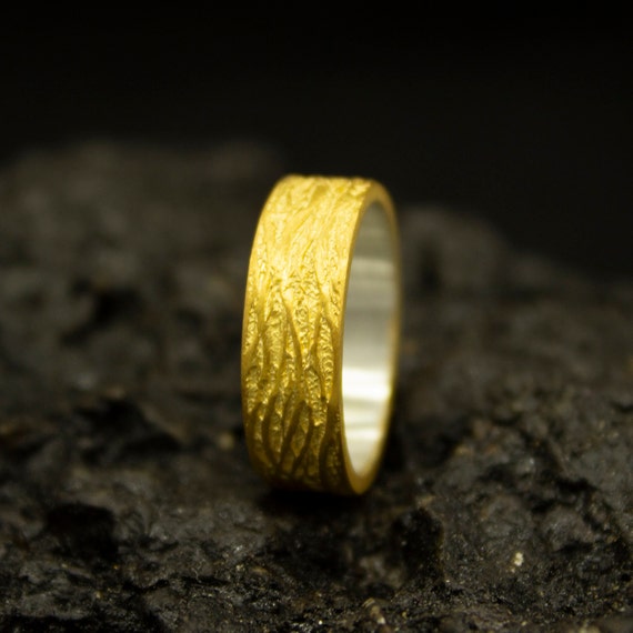 Tree Bark Silver Gold Ring 6 Mm | 24K Gold Plated 925 Sterling
