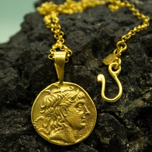 Ancient Greek Caesar Coin Pendant | 24K Gold Plated | Medallion Charm Signet Necklace | Rome Coin Pendant | Ancient Necklace  by Pellada