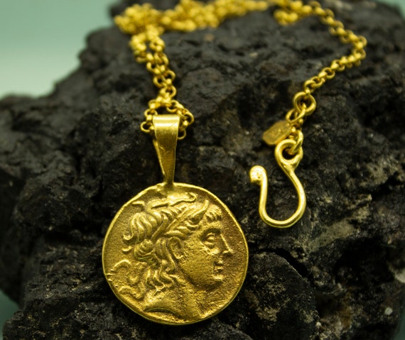 Ancient Greek Caesar Coin Pendant | 24K Gold Plated | Medallion Charm Signet Necklace | Rome Coin Pendant | Ancient Necklace  by Pellada