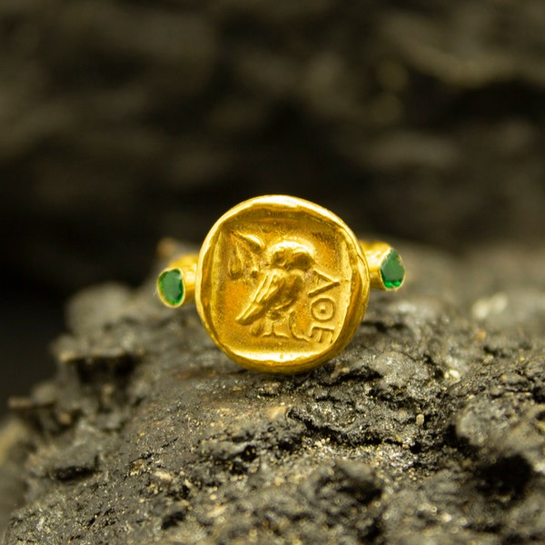 Athena Owl Coin Signet Ring | 24K Gold Plated 925 Sterling Silver | Greek Owl Coin Ring | Roman Art  Jewelry | Dainty Gift by Pellada