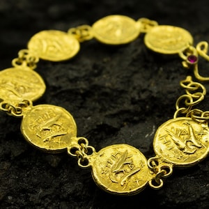 Ancient Art Hawk Signed Coin Bracelet |24K Gold Plated 925 Sterling Silver | Adjustable Chain Bracelet |  Handcrafted Bracelet by Pellada
