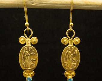Griekse zegeloorbellen voor dames | 24-karaats verguld 925 sterlingzilver | Oud-Romeinse muntoorbellen | Sierlijk handgemaakt moedercadeau van Pellada