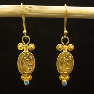 Roman Art Coin Dangle Earrings 24K Gold Over 925 Sterling Silver Handcrafted Blue Cubic Zirconia Woman Earrings by Pellada