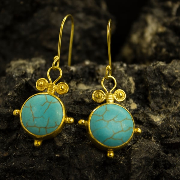 Ancient Turquoise Earrings | 24K Gold Over 925 Sterling Silver | Blue Turquoise Drop  Earrings | Round  Gemstone Earrings | Gift By Pellada