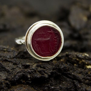 Artemis Ancient Deer Intaglio Glass Ring | 925 Sterling Silver | Ancient Greek Deer  Intaglio Jewelry | Venetian Medallion Ring by Pellada