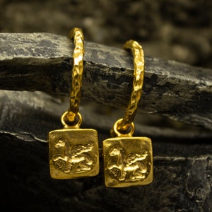 Ancient Art Pegasus  Charm Hoops Earrings | 24K Gold Plated 925 Sterling Silver | Greek  Signet Coin Earrings | Handmade Earrings by Pellada