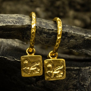 Ancient Art Pegasus  Charm Hoops Earrings | 24K Gold Plated 925 Sterling Silver | Greek  Signet Coin Earrings | Handmade Earrings by Pellada