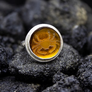 Zodiac Cancer Intaglio Yellow Glass Ring | 925 Sterling Silver | Ancient Greek Crab Carving Silver Ring | Carved Intaglio Ring by Pellada