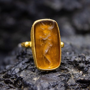 Greek Aphrodite Intaglio Orange Stone Ring | 925 Sterling Silver | Ancient Signet Aphrodite / Venus Ring | Intaglio Glass Ring by Pellada