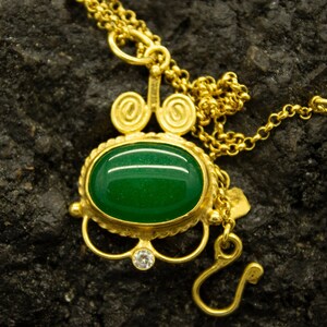 Jade Stone Silver Necklace | 925 Sterling Silver 24K Gold Plated | Handcrafted Birthstone Green Necklace  | Ancient Art Gift | By Pellada