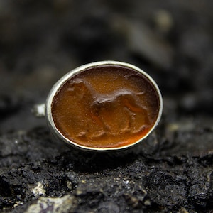 Greek Lion Intaglio Glass Ring | 925 Sterling Silver | Lydian Lion Intaglio Signet Ring | Ancient Roman Orange Glass Zodiac Ring by Pellada