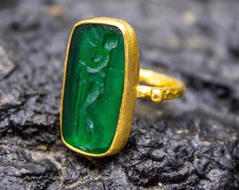Ancient Aphrodite Intaglio Orange Stone Gold Ring | 925 Sterling Silver | Greek Signet Aphrodite / Venus Ring | Intaglio Jewelry by Pellada
