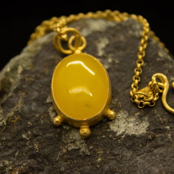 Ancient Art Yellow Jade Stone Necklace 925 Sterling Silver 24K Gold Plated Handcrafted Necklace Pendant Minimalist Jewelry By Pellada