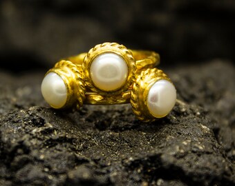 Set of Three Pearl Ring | 925 Sterling Silver Ring 24K Gold Plated | Birthstone Ring | Freshwater Pearl Ring l Mothers Day Gift  By Pellada