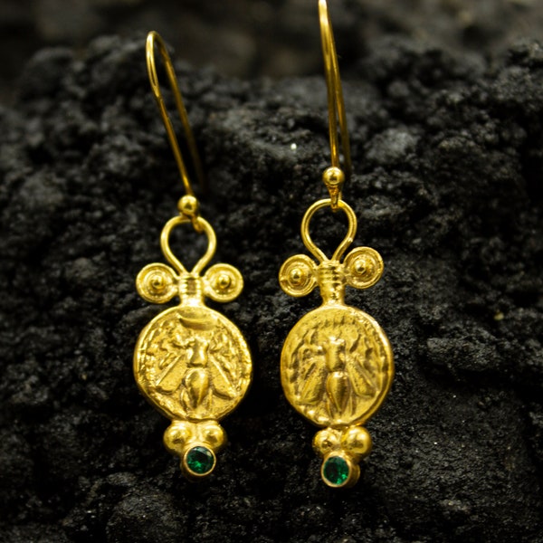Greek Bee Signed Coin Earrings | 24K Gold Plated 925 Sterling Silver | Gold Queen Bee | Ancient Bee Jewelry  | Christmas Gift by Pellada