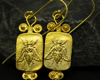 Greek Honey Bee Signed Coin Earrings | 24K Gold Plated 925 Sterling Silver | Ancient Roman Bee Earrings | Medallion Bee Jewelry  by Pellada