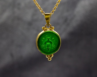 Ancient Bee Greek Intaglio Glass Necklace | 925 Sterling Silver | Greek Honey Bee Venetian Pendant | Ephesus Ionia Bee Pendant by Pellada