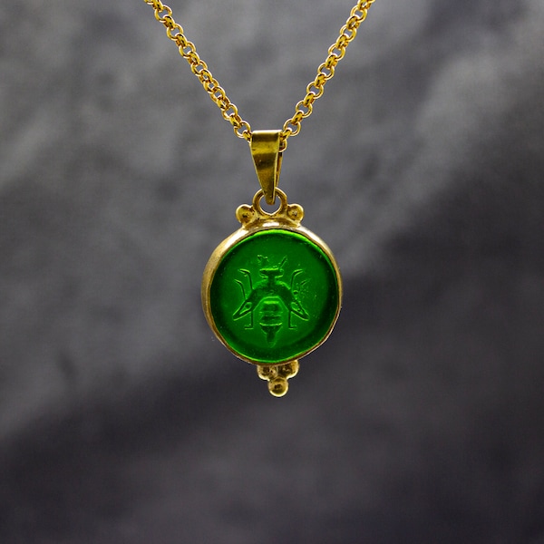 Ancient Bee Greek Intaglio Glass Necklace | 925 Sterling Silver | Greek Honey Bee Venetian Pendant | Ephesus Ionia Bee Pendant by Pellada