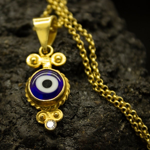 Evil Eye Pendant Solid Silver | 925 Sterling Silver 24K Gold | Zircon Blue Evil Eye Stone  | Eye Charm Necklace | Minimalist Gift by Pellada