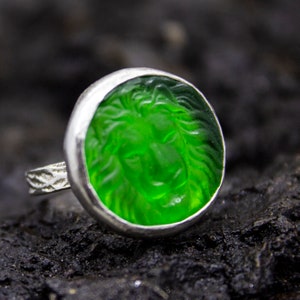 Greek Lion Intaglio Green Glass Ring | 925 Sterling Silver | Ancient Roman Horoscope Ring | Ancient Mythology Lion Zodiac Ring by Pellada