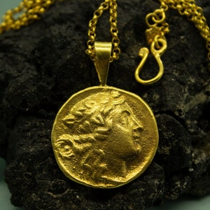 Greek Ancient Men Coin Pendant | 925 Sterling Silver 24K Gold |  Apollo Signet Necklace | Rome Art Coin Signet | Gold Plated Coin by Pellada