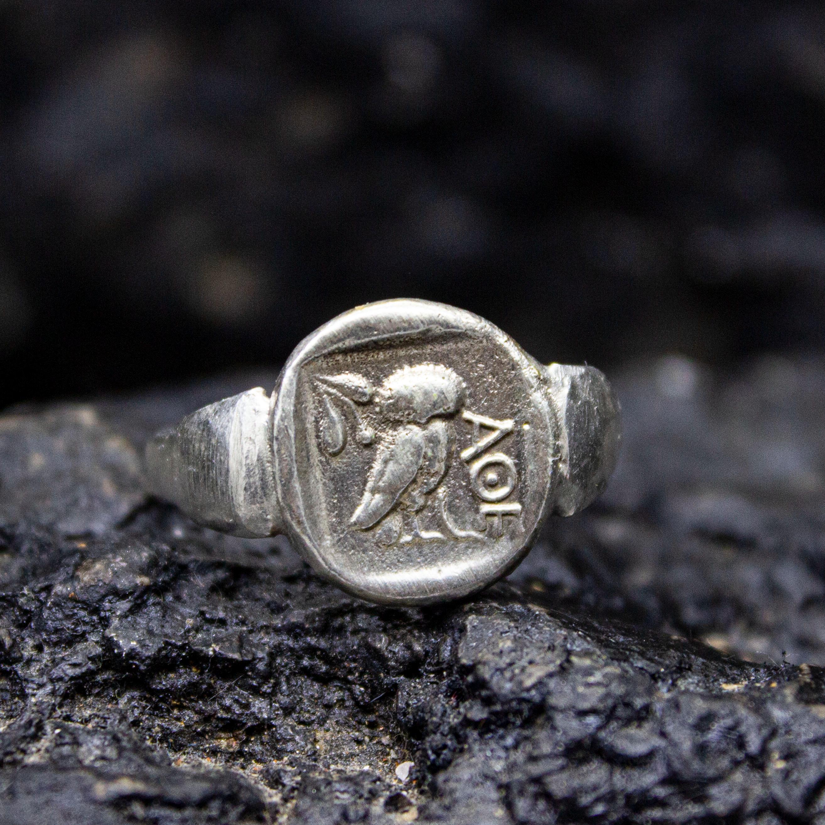 Ancient Greek Owl Domed Ring | Sterling Silver Signet Coin | Unisex Athena Coin Jewelry | Dainty Myt