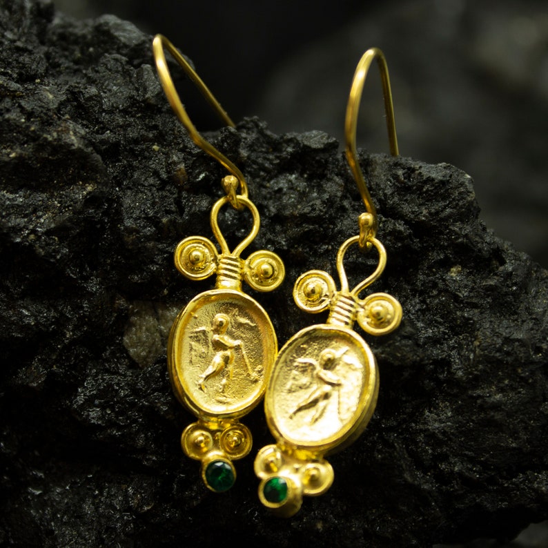 Ancient Greek Signet Earrings Guardian Angel Medallion Earrings 24K Gold Plated 925 Sterling Silver Religious Gift by Pellada