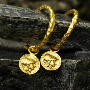 Ancient Greek Goddess | Athena Charm Hoops Earrings | 24K Gold Plated 925 Sterling Silver | Owl Hammered Coin Earrings | Jewelry by Pellada