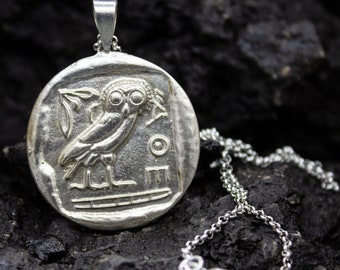 Ancient Greek Owl Athena Signet Coin Pendant | 24K Gold Plated 925 Sterling Silver | Roman Goddess Necklace | Mythology Jewelry by Pellada