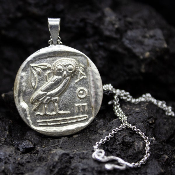 Ancient Greek Owl Athena Signet Coin Pendant | 24K Gold Plated 925 Sterling Silver | Roman Goddess Necklace | Mythology Jewelry by Pellada