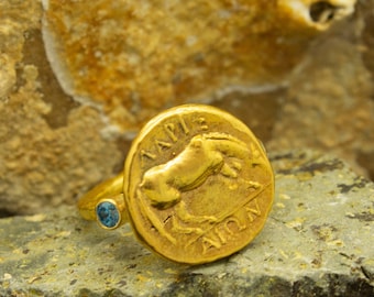 Greek  Horse Coin Signet Ring | 24K Gold Plated 925 Sterling Silver | Stackable CZ Stone Ring | Mythological Jewelry | Roman Ring by Pellada