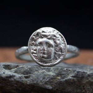 Hammered Coin Ring 925 Sterling Silver Dainty Gift by Pellada Ancient Greek Art Medusa Signet Coin Ring Roman Art Medusa Jewelry