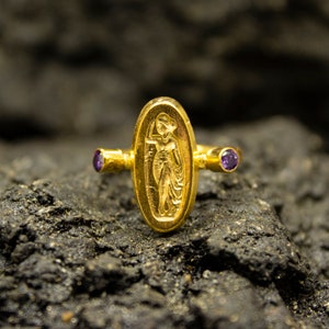 Ancient Greek Woman Coin Signet Ring | 24K Gold Plated 925 Sterling Silver | Roman Art Silver Ring | Vintage Figure Jewelry  by Pellada