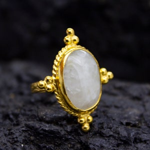 Ancient Art Oval Moonstone Ring | 24K Gold Plated | Tree Bark  Silver  Ring | 925 Sterling Silver | Boho Ring | Vintage Gift by Pellada