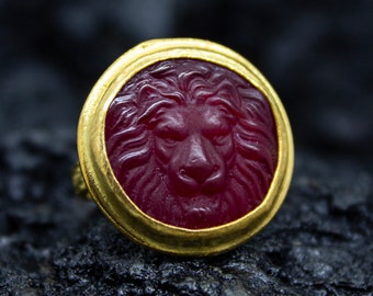 Ancient Lydian Lion Intaglio Red Glass Ring | 925 Sterling Silver | Roman Zodiac Glass Ring | Ancient Mythology Lion Zodiac Ring by Pellada