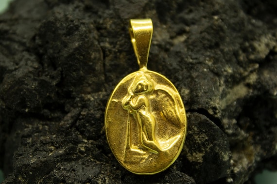 Guardian Angel Necklace 24K Gold Plated Angel Medallion Pendant Ancient Art Coin Pendant Angel Coin Gift by Pellada