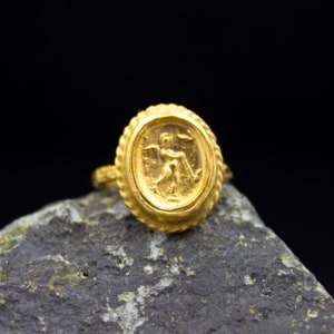 Ancient Roman Art Signed Coin Ring 24K Gold Plated 925 Sterling Silver Ring Handcrafted Hammered Jewelry by Pellada