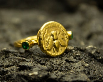 Greek Coin Honey Bee Signet Ring | 24K Gold Plated 925 Sterling Silver | Sacred Bee Goddess Medallion Ring |  Handmade Gift by Pellada
