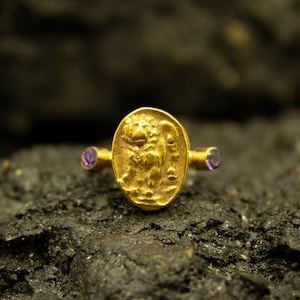Ancient Roman Art Lion Signet Coin Ring | 24K Gold Plated 925 Sterling Silver | Purple CZ Stone Ring | Zodiac Coin Lion Ring  by Pellada