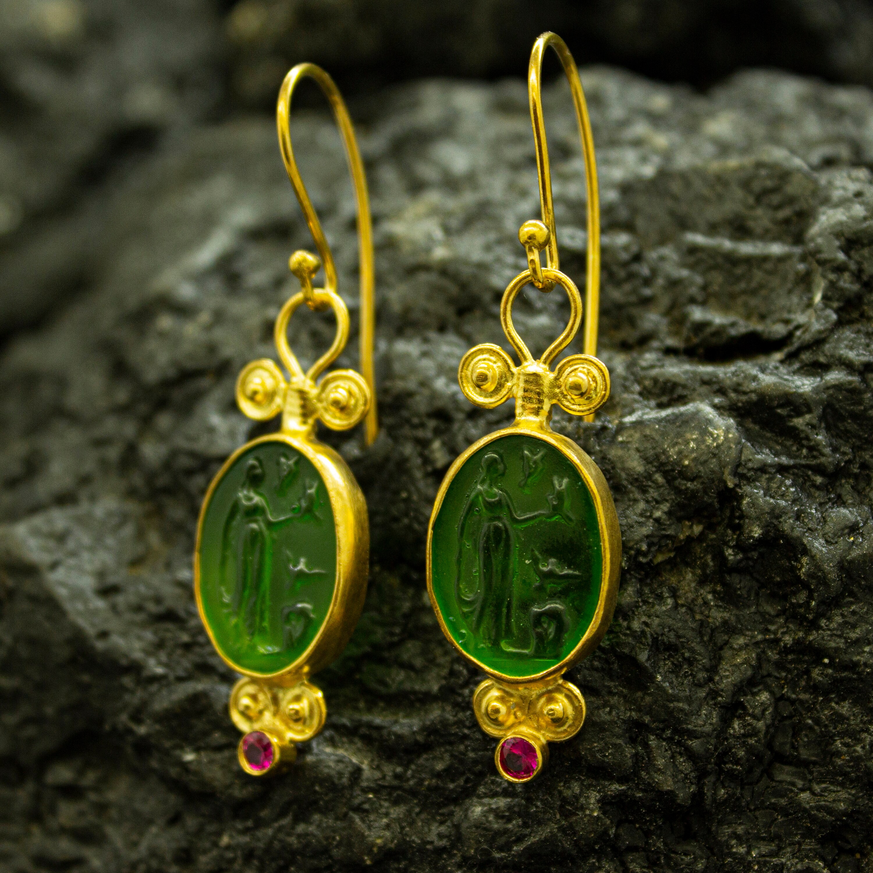 Greek Aphrodite Intaglio Green Glass Earrings 925 Sterling - Etsy