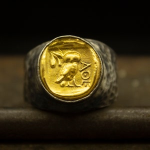 Ancient Owl Coin Ring | Signed Coin Ring | 925 Sterling Silver Ring 24K Gold Plated  | Roman Art Two Tone Signet Ring | Mens Gift by Pellada