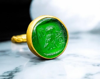 Ancient Greek Athena Owl Ring | 925 Sterling Silver / 24K Gold Plated | Roman Owl Intaglio Glass Ring | Dainty Athenian Jewelry by Pellada