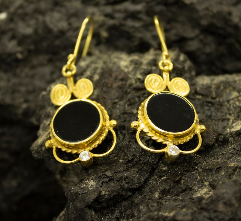 Black Stone Earrings Handmade By Pellada 24K Gold Over 925 Sterling Silver Onyx Stone Silver Earrings Ancient Minimalist Handcrafted