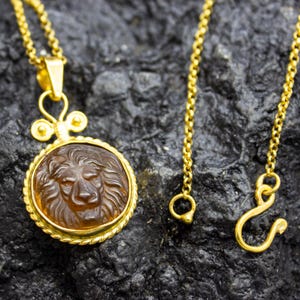 Ancient Lion Intaglio Glass Gold Necklace | Silver 24K Gold Plated | Greek Lion Intaglio Pendant | Venetian Glass Zodiac Pedant by Pellada